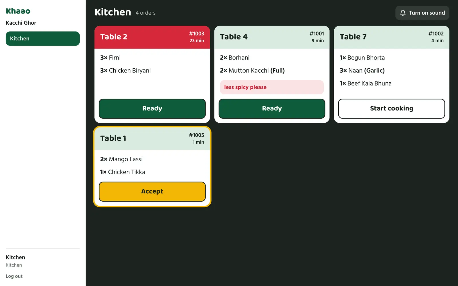 Kitchen screen: large order tickets per table with Accept, Start cooking and Ready buttons